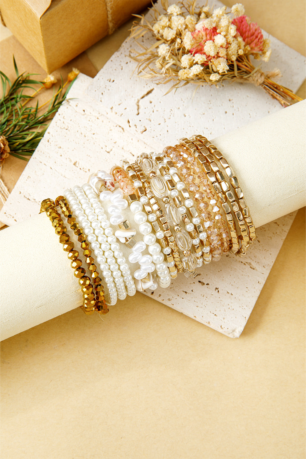 Gold 17pcs Baroque Style Pearl Crystal Beads Multi Layer Bracelet Set